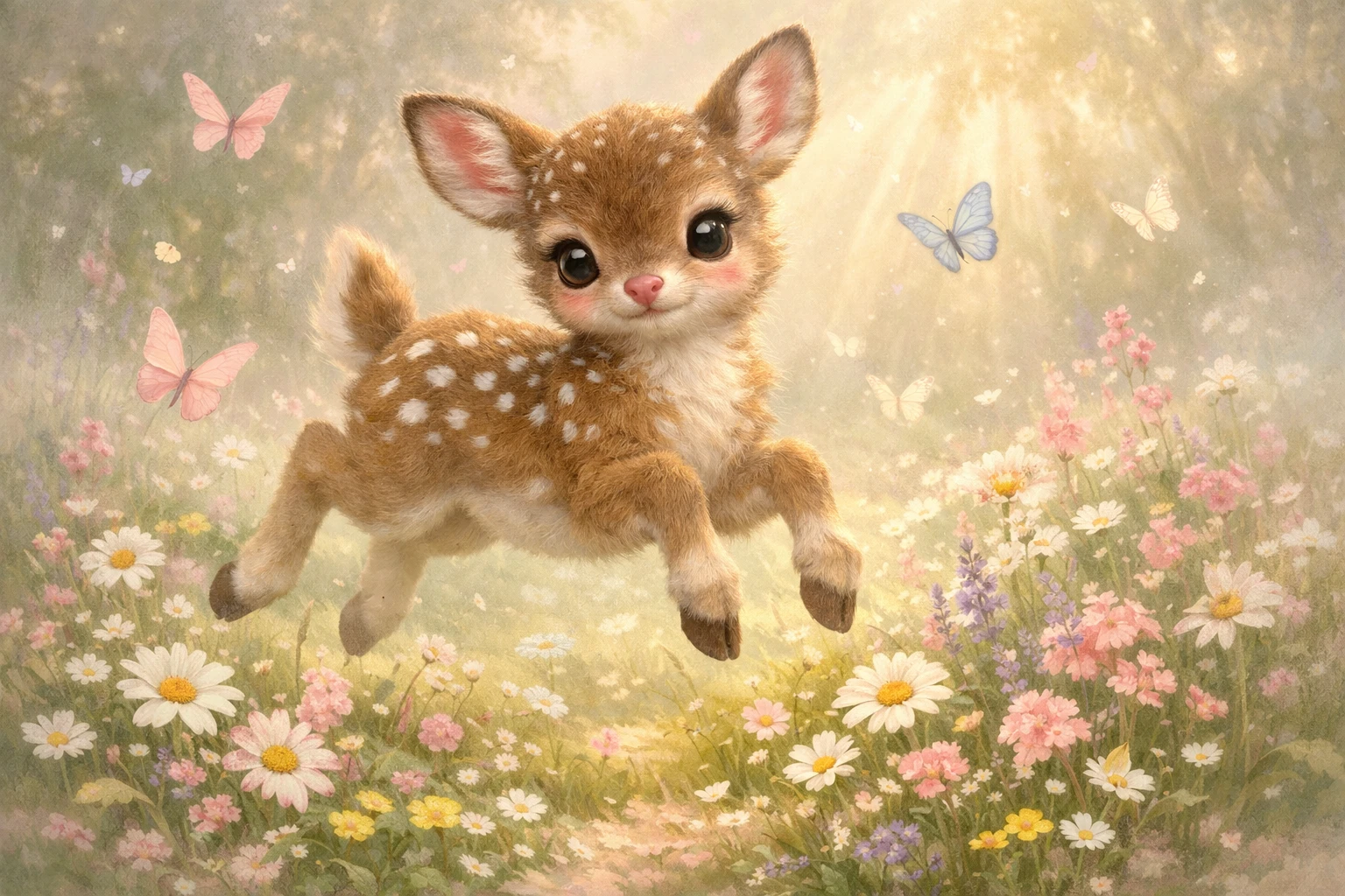 Baby deer leaping through a misty spring flower meadow