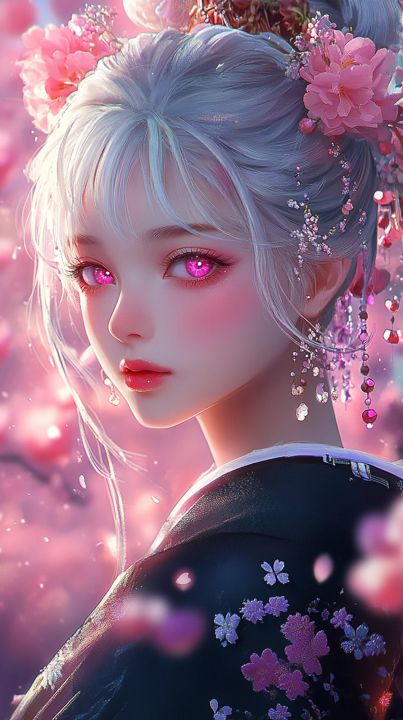 Anime girl in black kimono amid glowing cherry blossoms