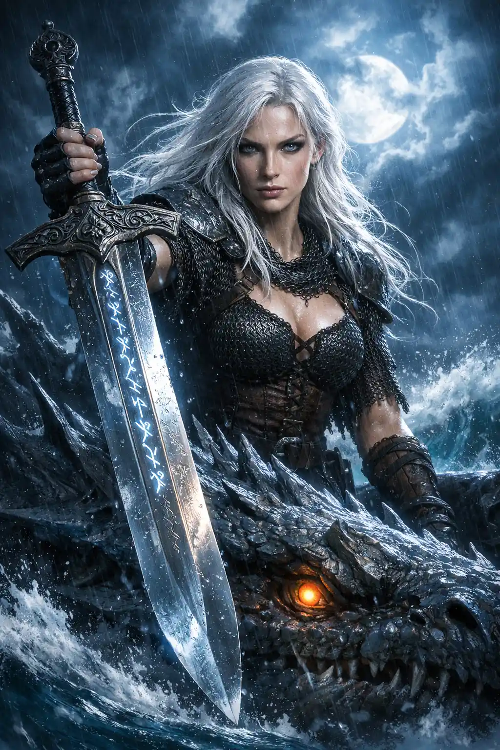 White haired warrior riding a sea dragon in stormy moonlight