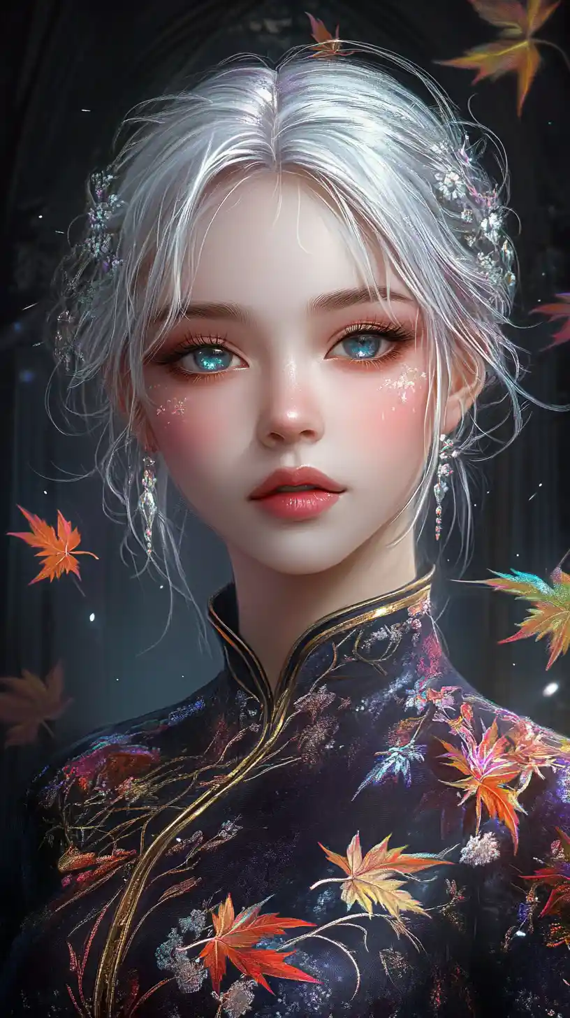 수정 단풍 잎 드레스를 입은 은발 애니메이션 소녀