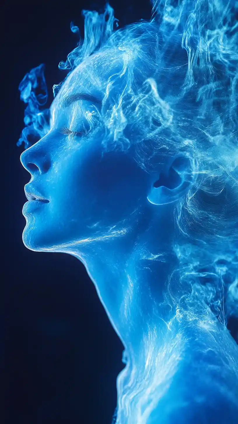 Ethereal cyan haired woman formed of blue fire and plasma
