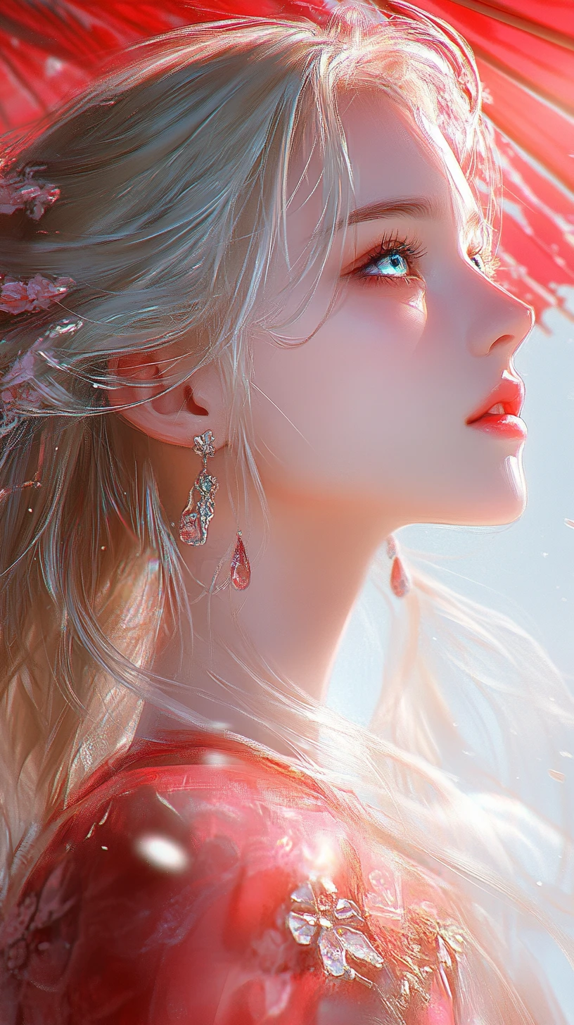 Anime girl in red under a glowing parasol