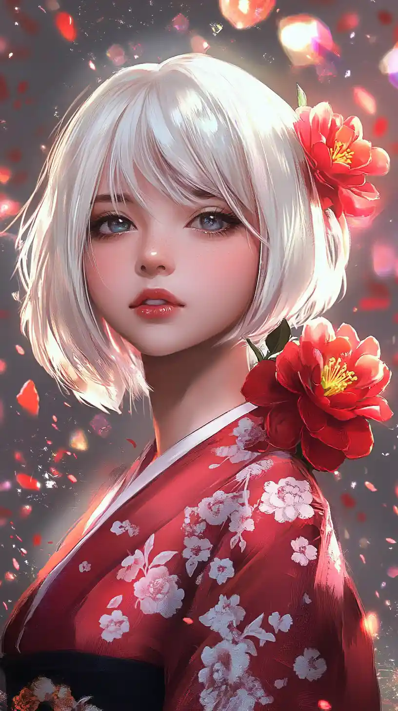 Anime woman in red kimono with silver hair and camellias