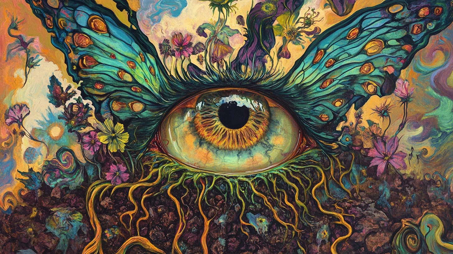 Surreal fae creature bound in flowers and twisting roots
