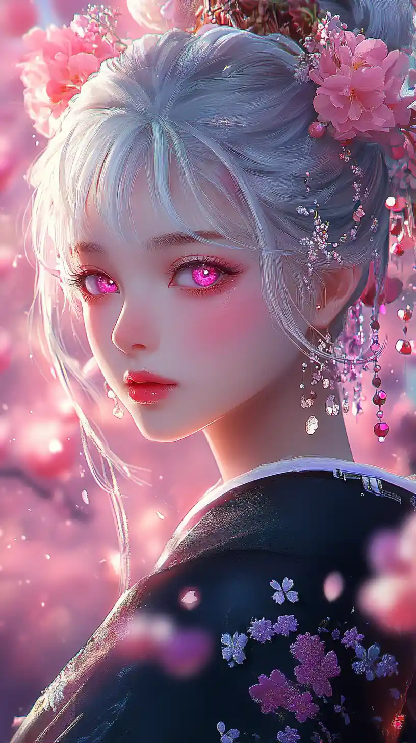 Anime girl in black kimono amid glowing cherry blossoms