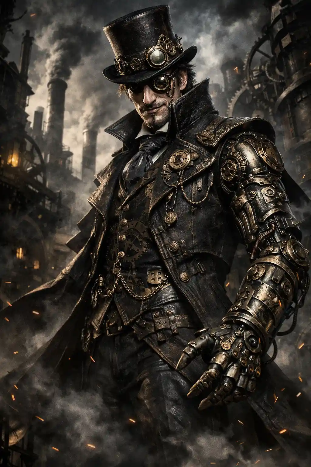 Steampunk clockmaker villain towering over a Victorian city