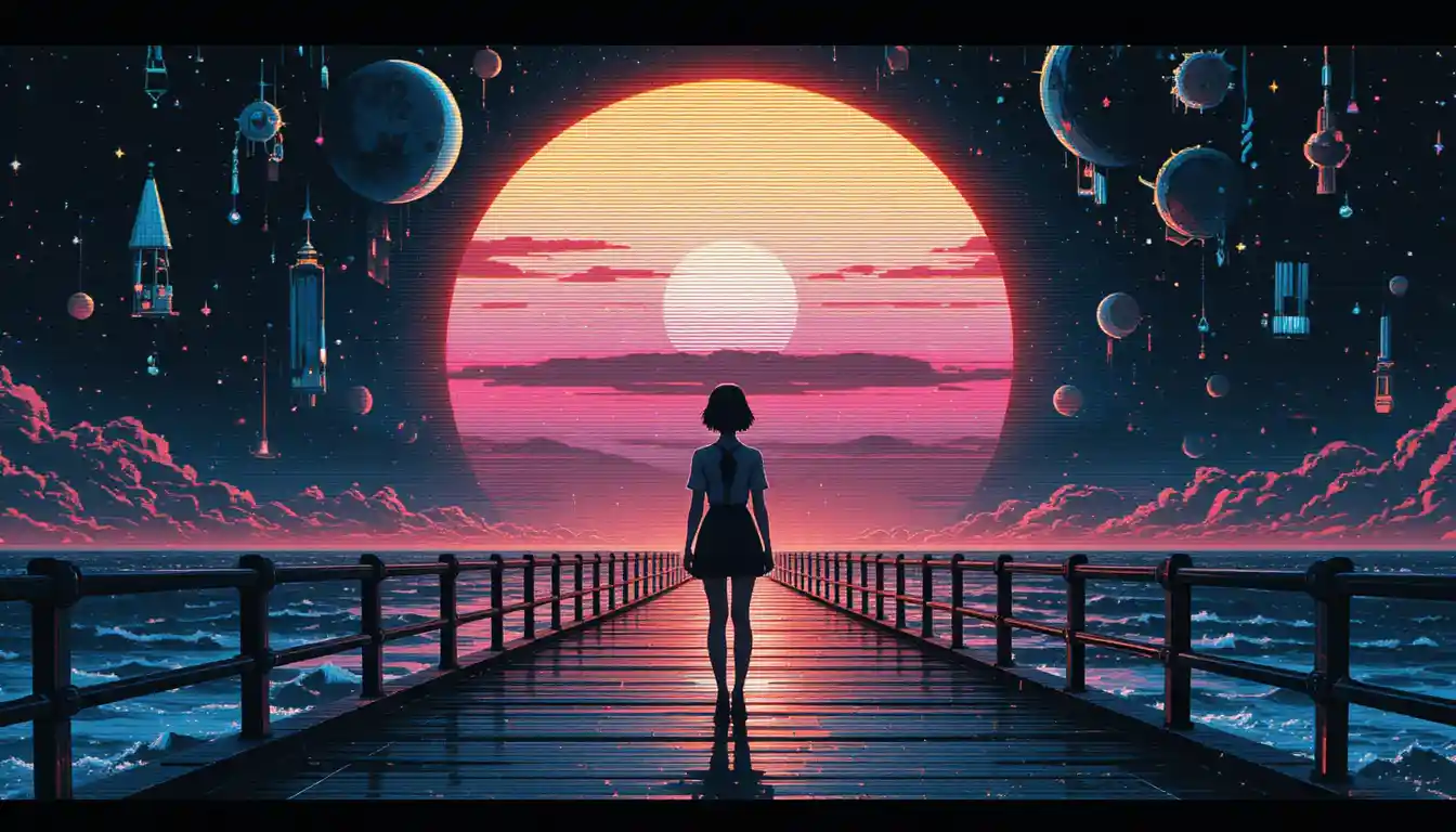 夕焼けの桟橋に立つグリッチ風の少女シルエット