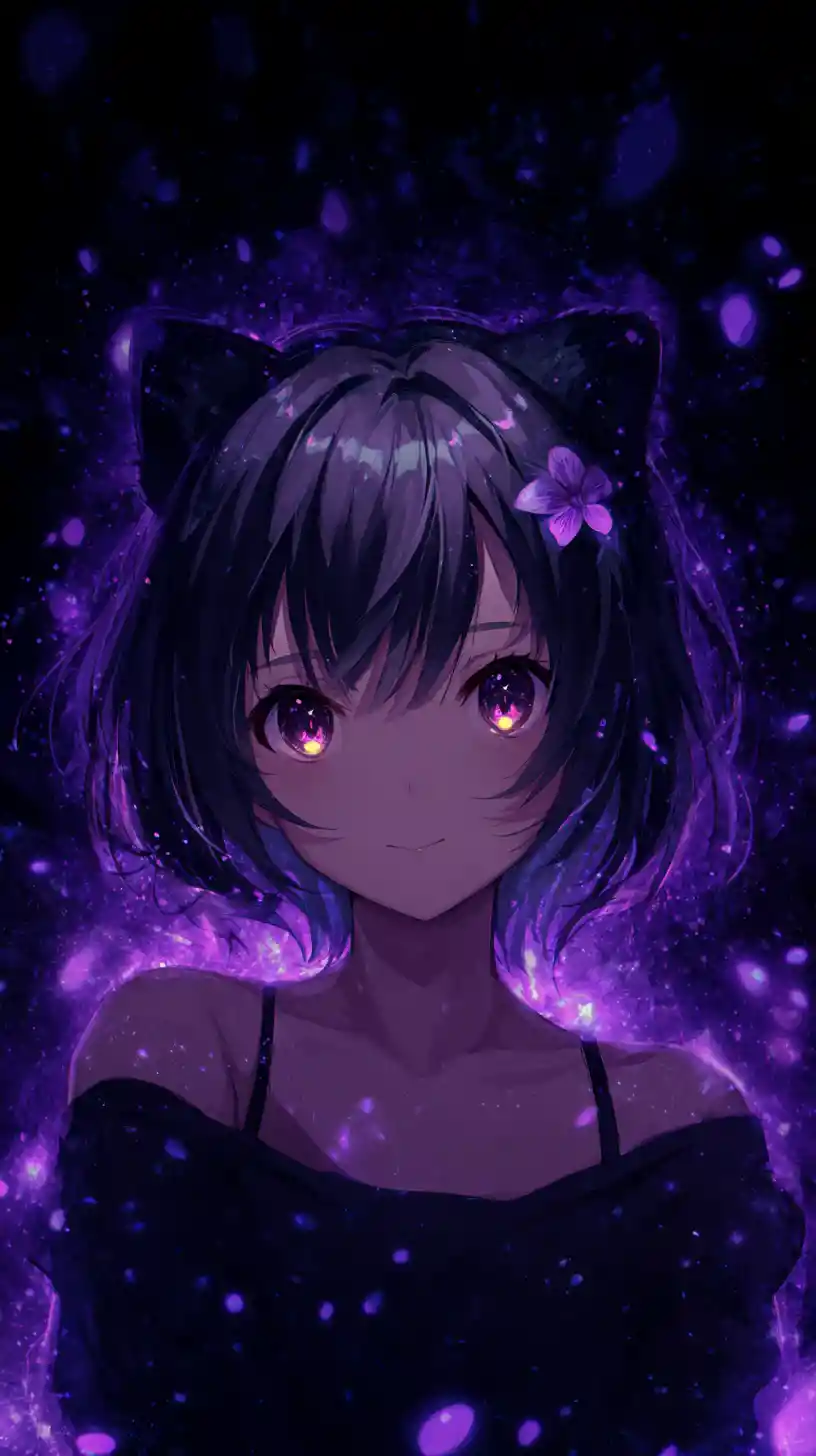 Anime cat girl portrait with glowing purple eyes