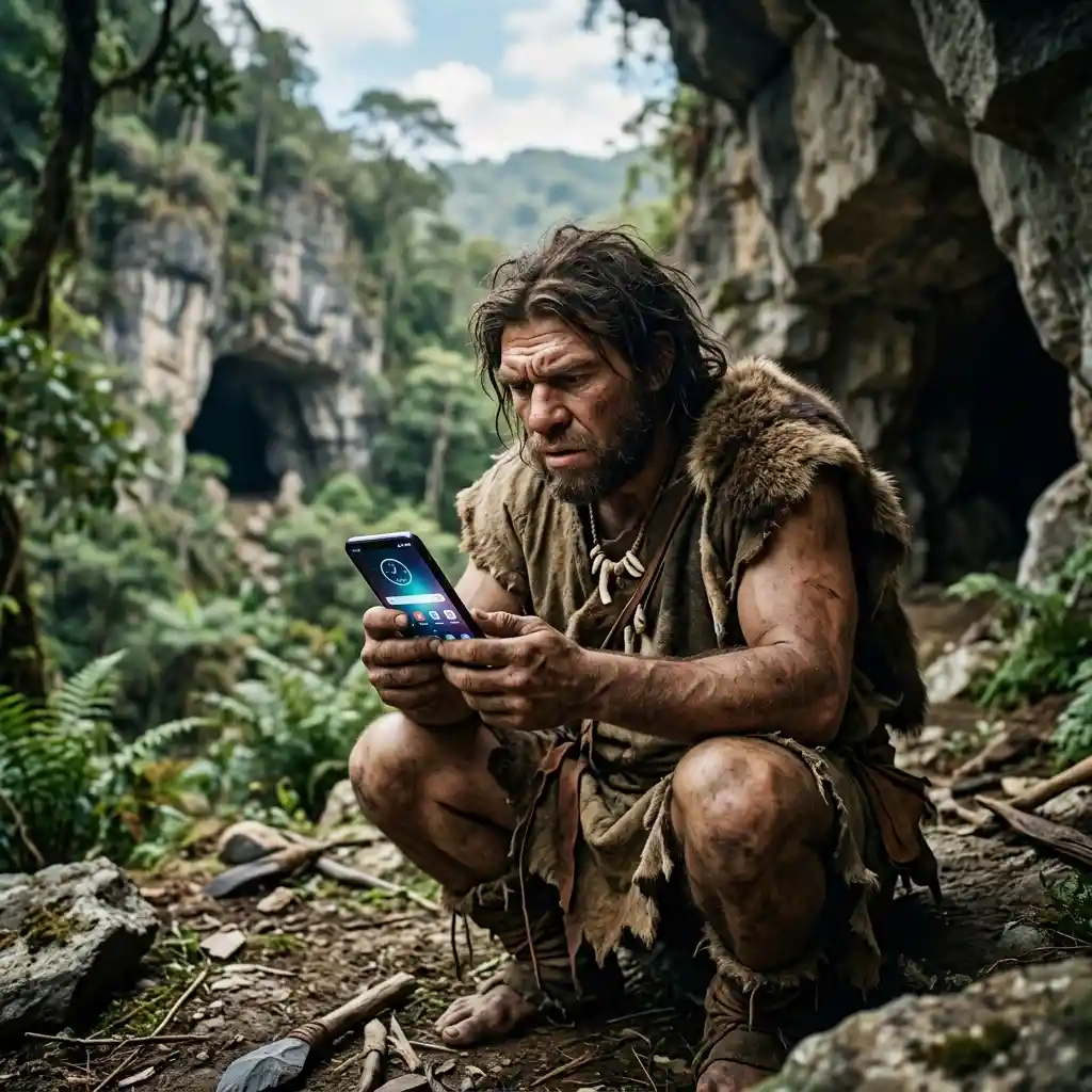 自然の中でスマートフォンを調べる好奇心旺盛なネアンデルタール人の男