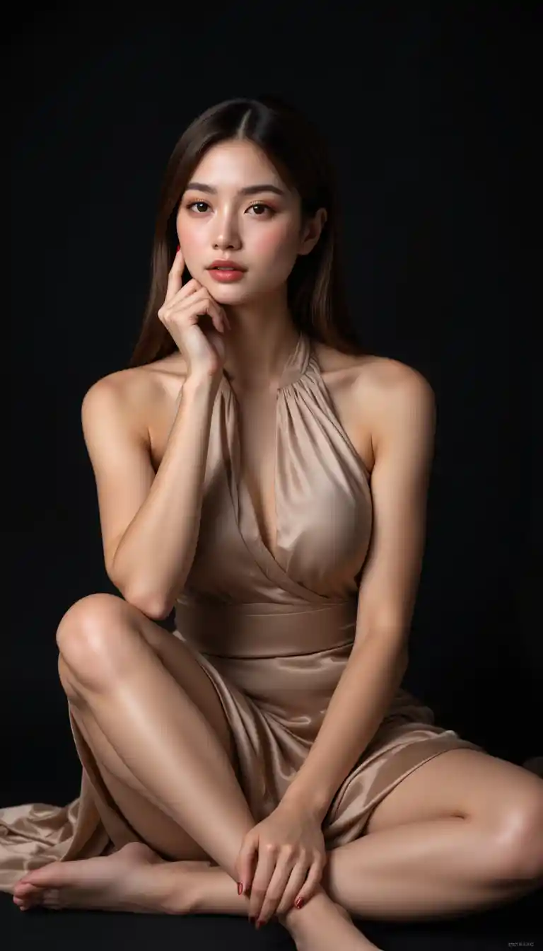 Elegant woman in satin dress against black studio background