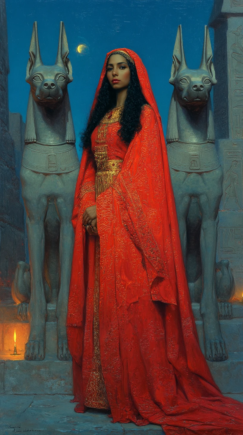 Egyptian queen in red abaya between colossal Anubis statues