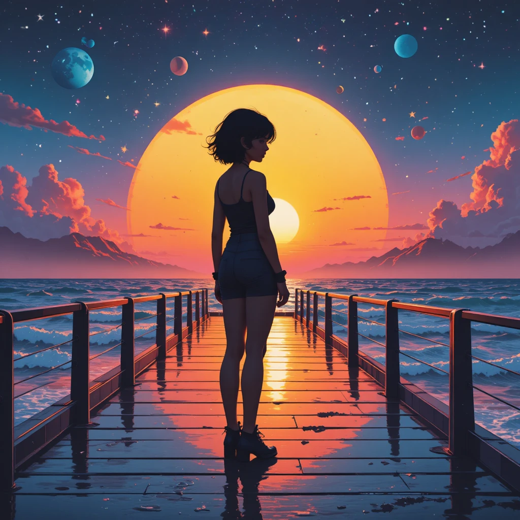 Silhouetted girl on cosmic pier at surreal sunset