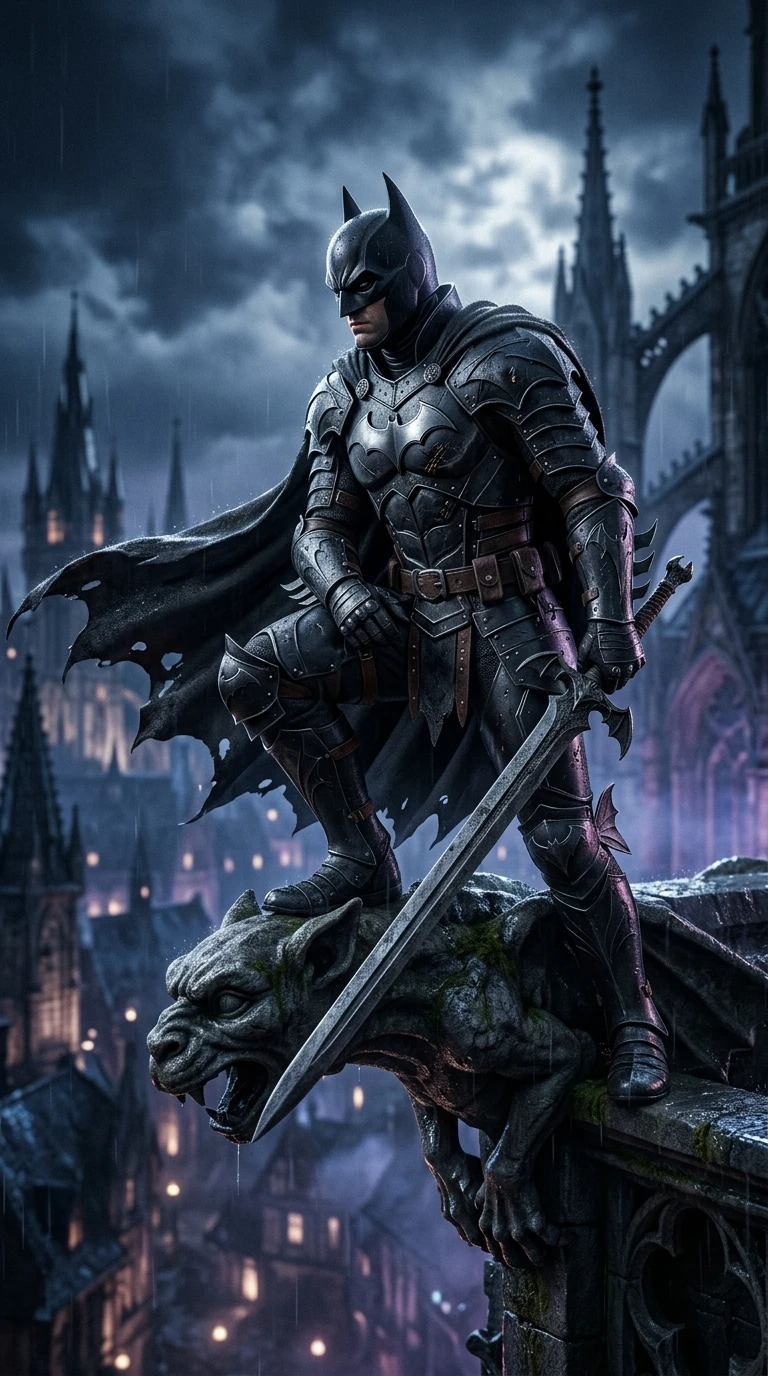 Dark armored knight perched on a gothic cathedral gargoyle