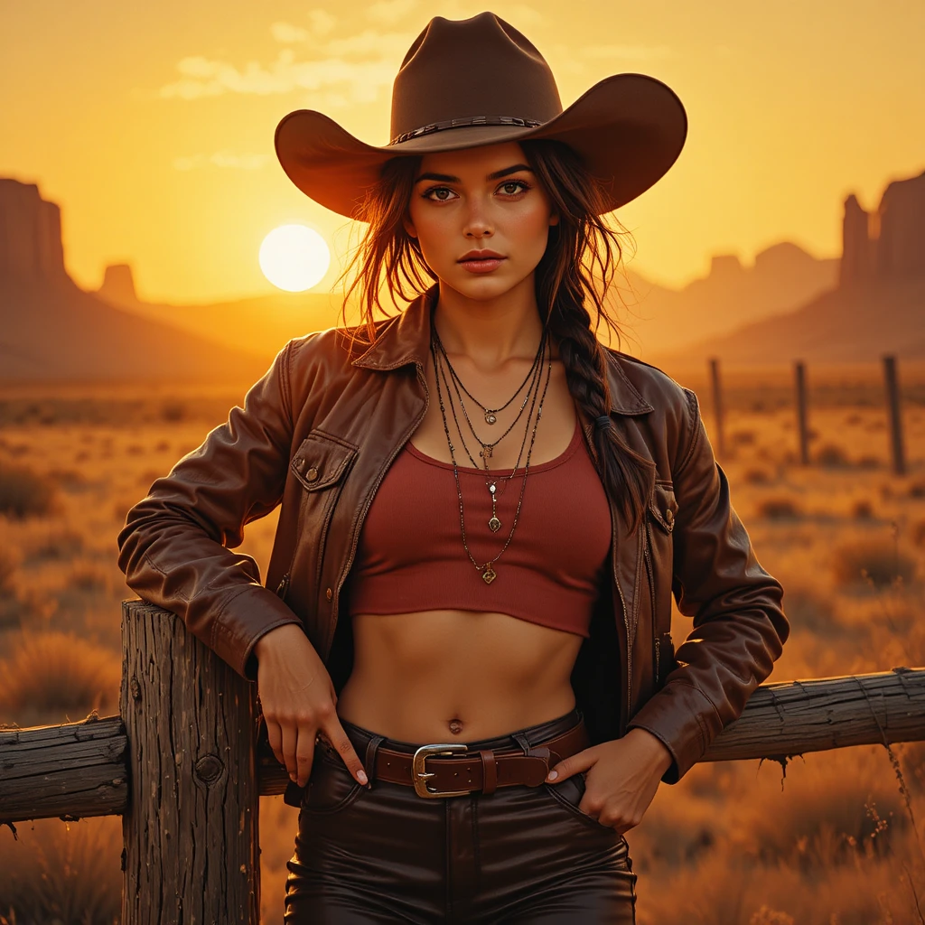 Athletic ranch woman in leather at warm desert sunset