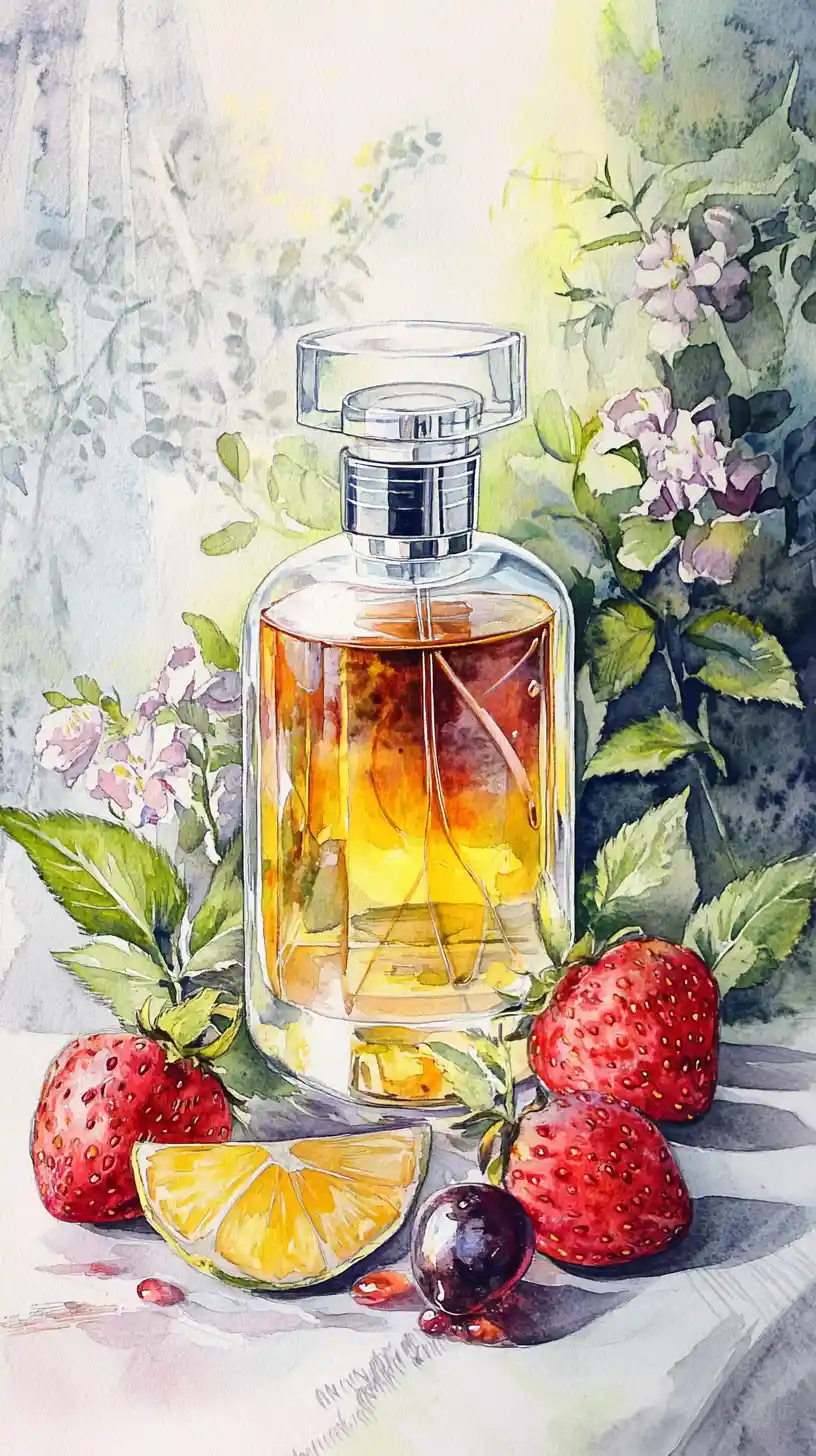 Watercolor still life with perfume strawberries and candle