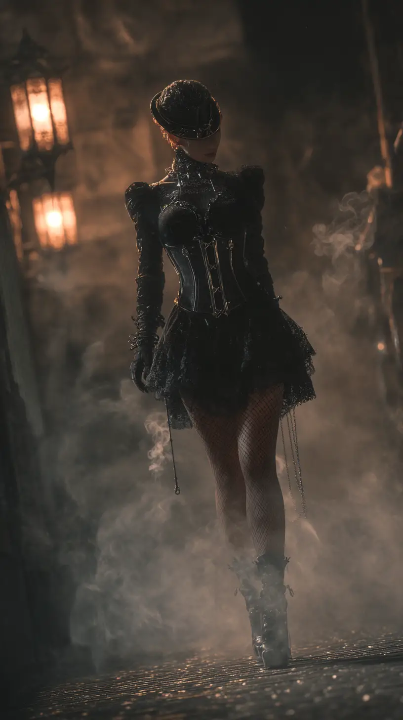 Mystical alchemist walking through a foggy victorian alley
