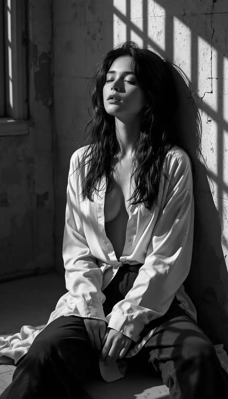 Black and white portrait of a woman sitting against wall