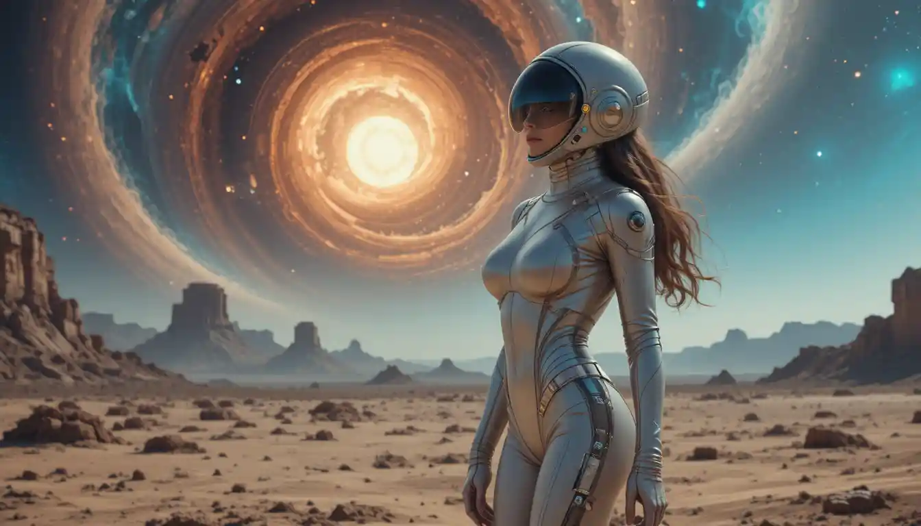 Sci fi woman in flight suit on alien world