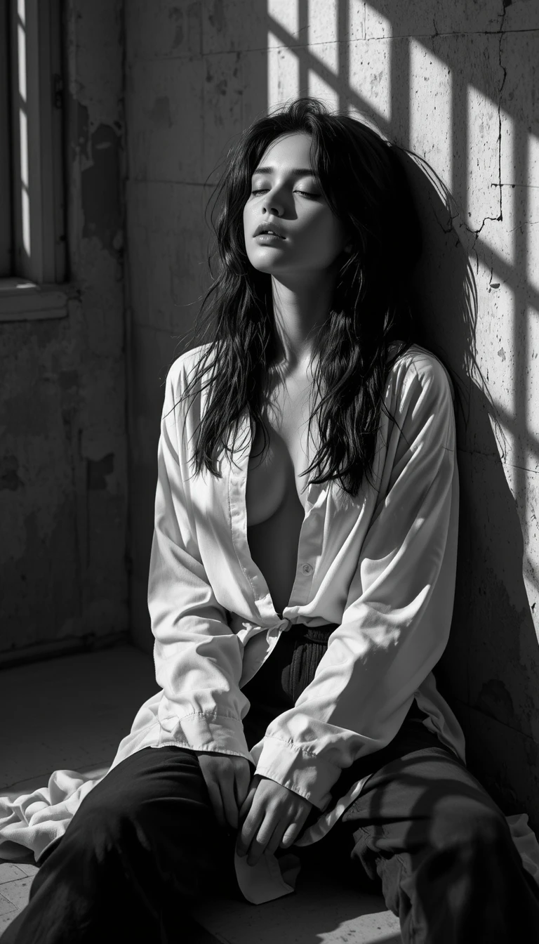 Black and white portrait of a woman sitting against wall