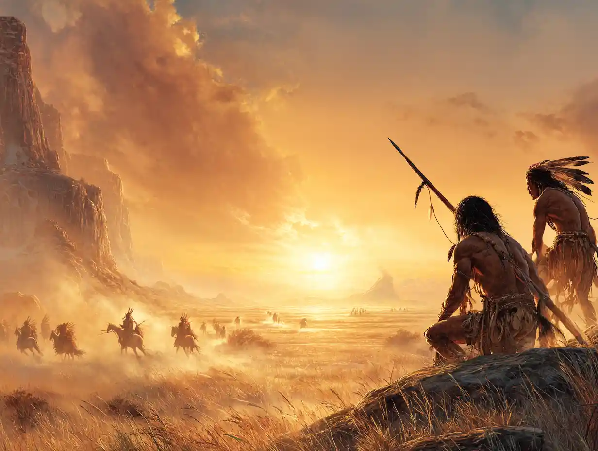 Native warrior vision beneath a golden sunset sky