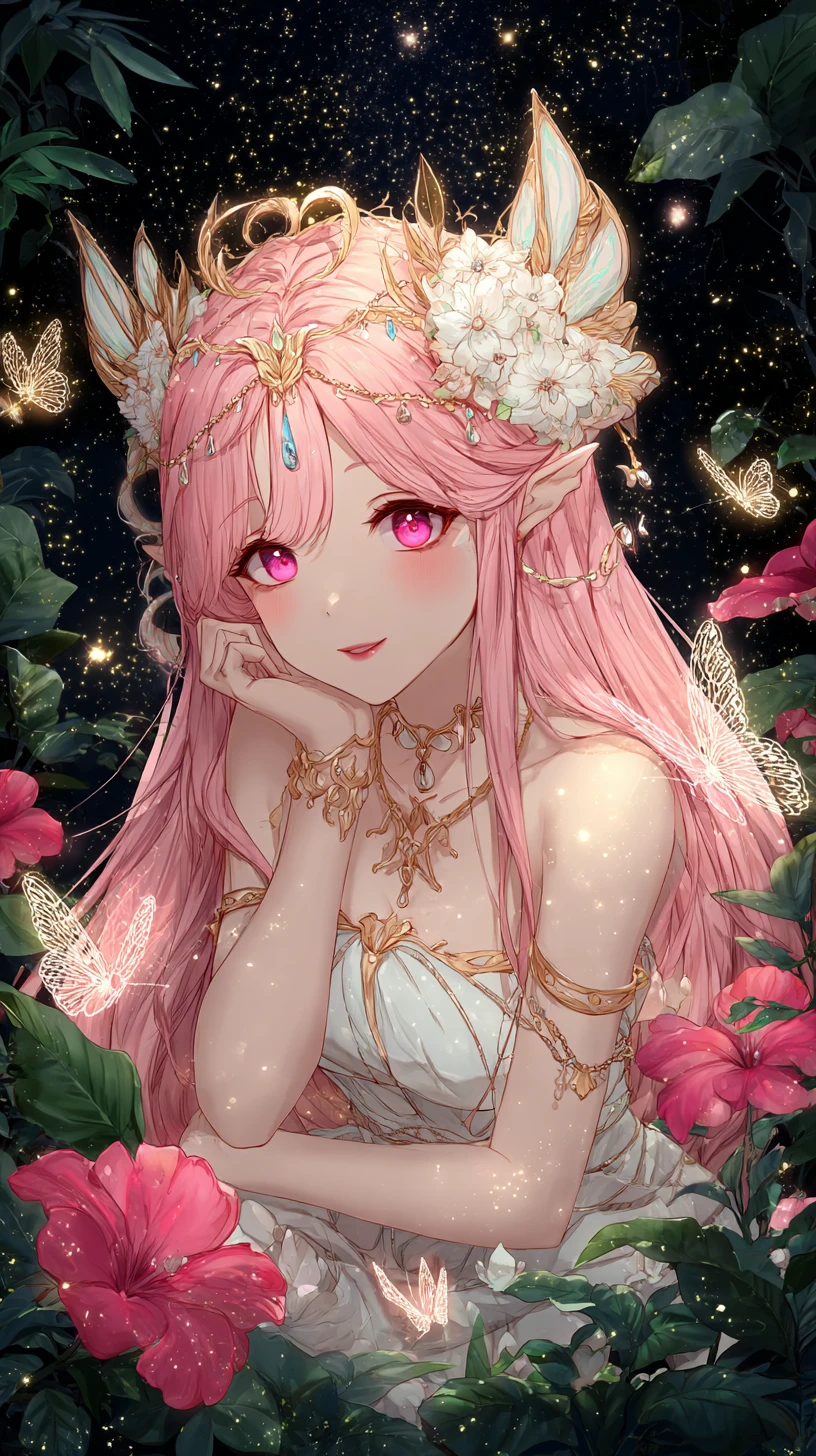 Pink haired fairy girl in a luminous cosmic garden