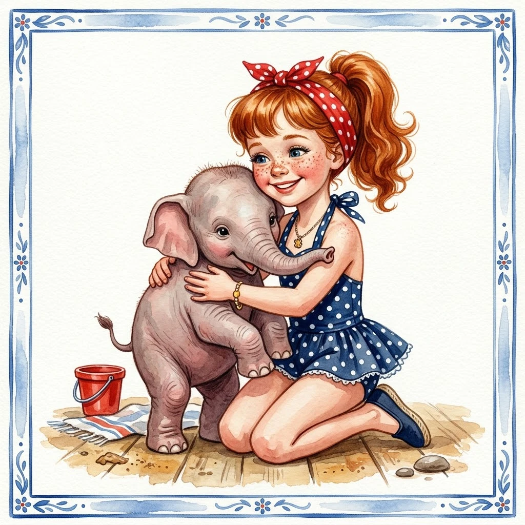 1950s red haired girl hugging a baby elephant