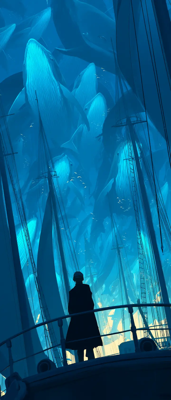 Anime naval officer guiding battleship through sunrise whales