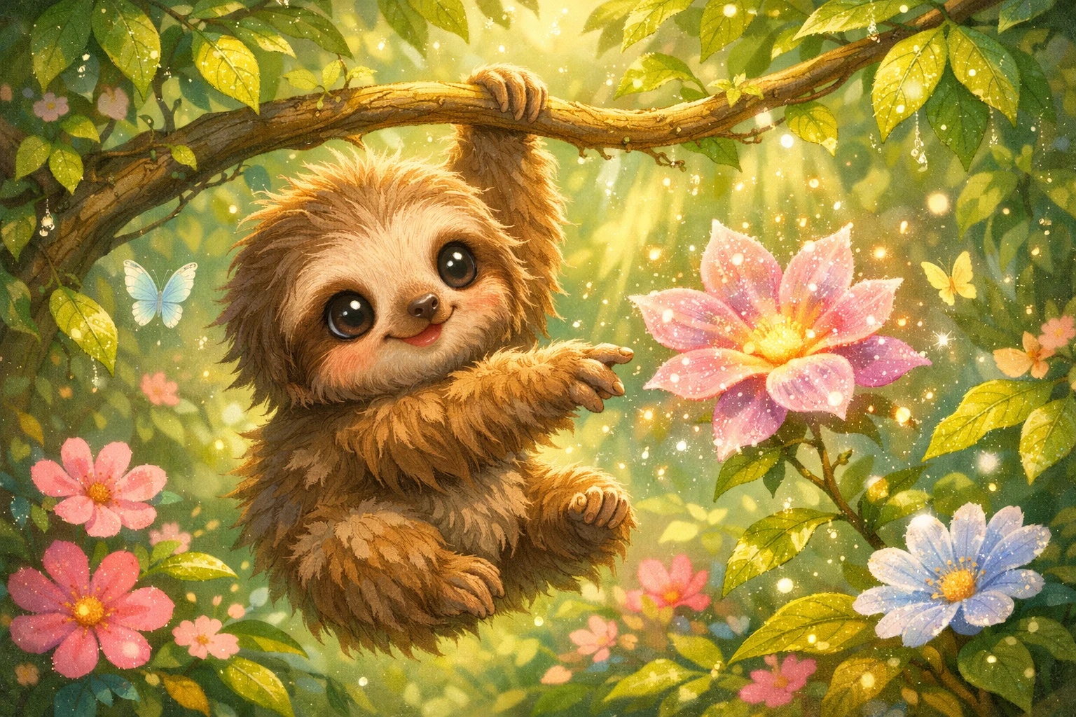 Baby sloth reaching for a magical glowing flower