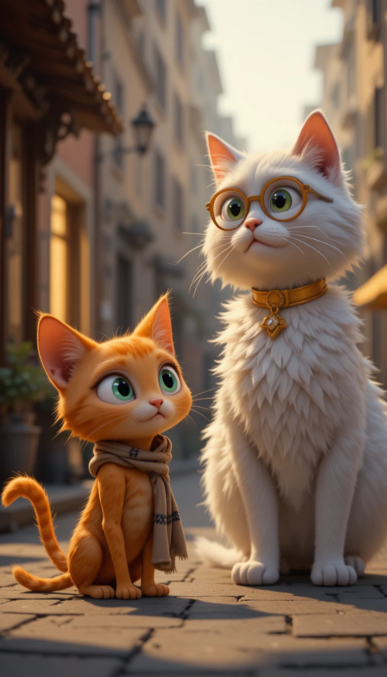 Skinny orange stray cat meets kind rich white cat