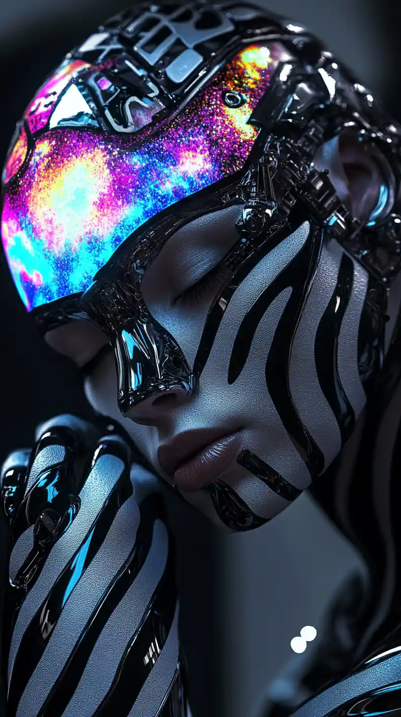 Futuristic cyborg portrait with cosmic glowing face patterns