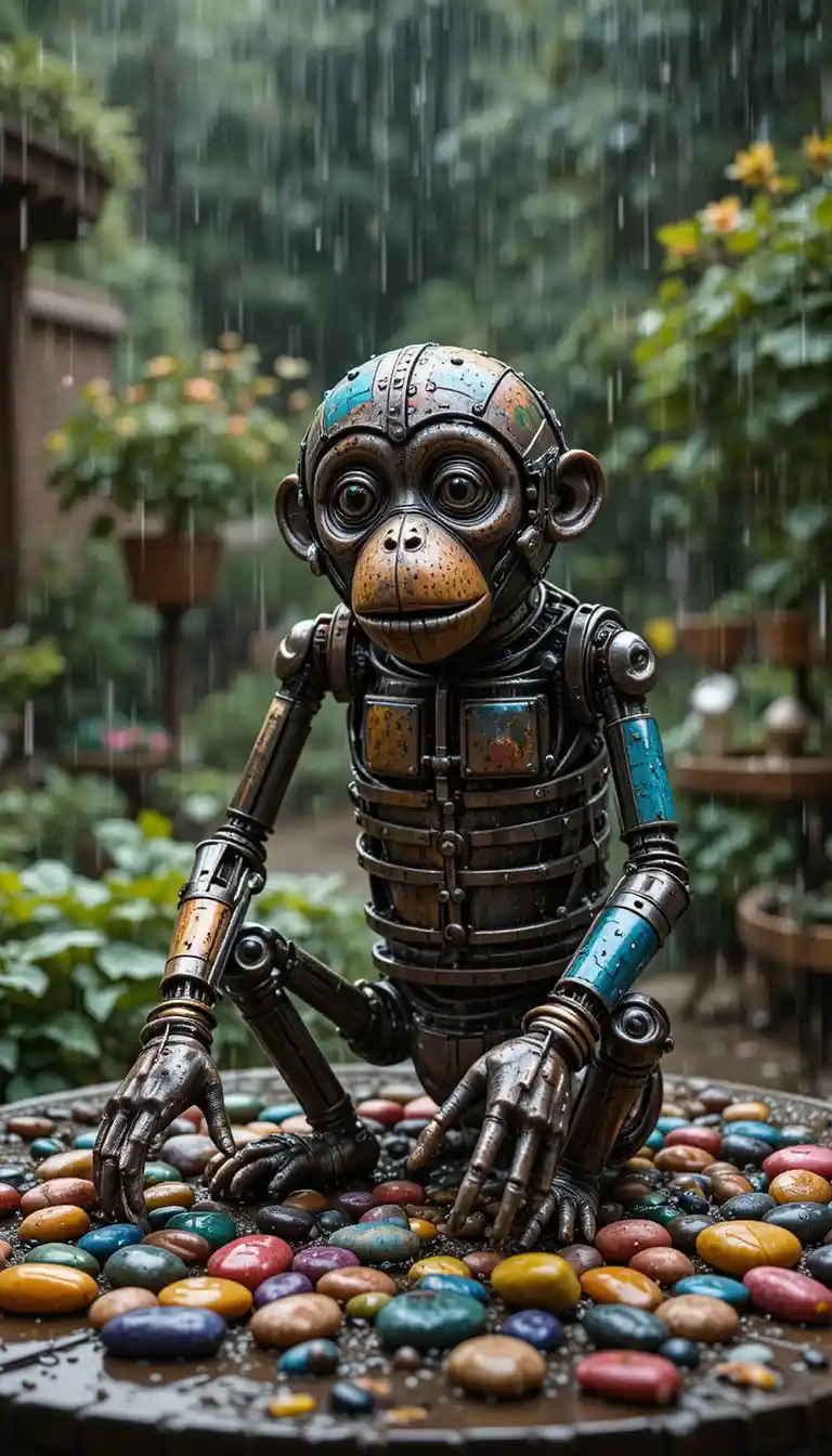 Scultura vintage di scimmia in metallo realizzata con ingranaggi colorati