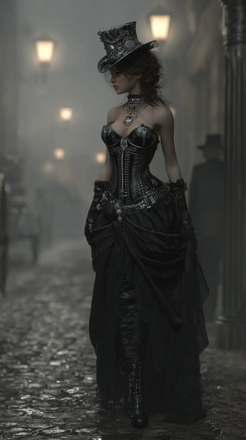 Mystical alchemist woman in a foggy Victorian alley