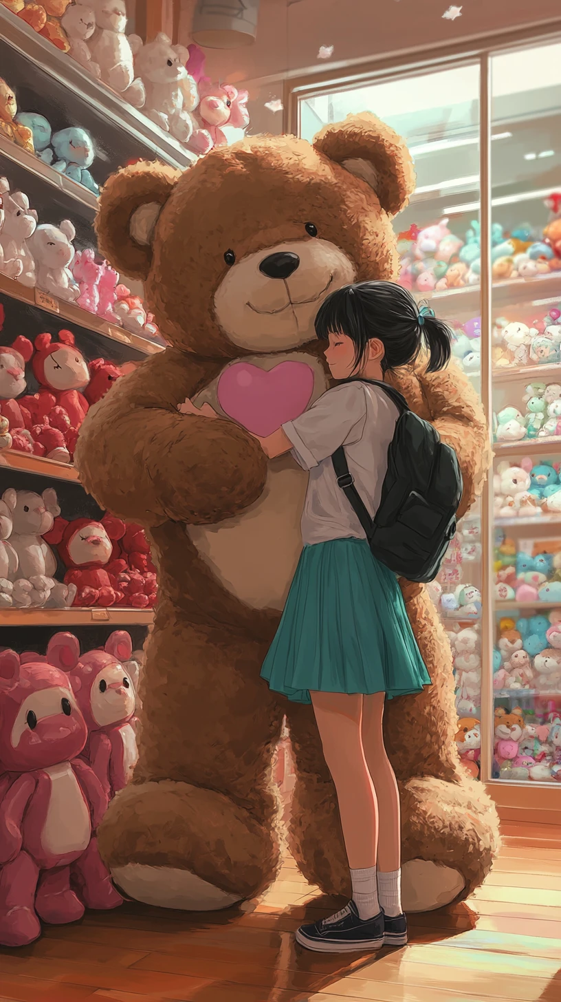 Anime girl hugging giant teddy bear in toy store