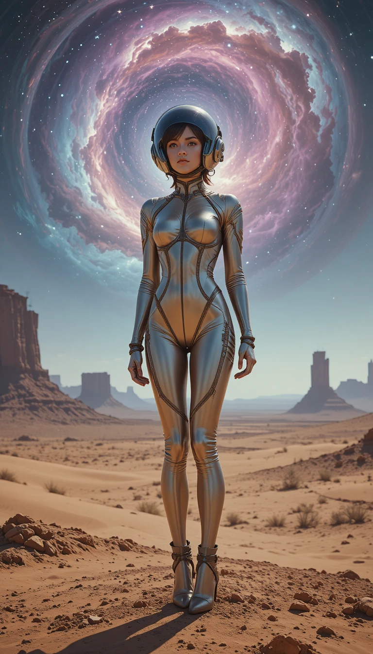 Woman in retro spacesuit on alien world before nebula