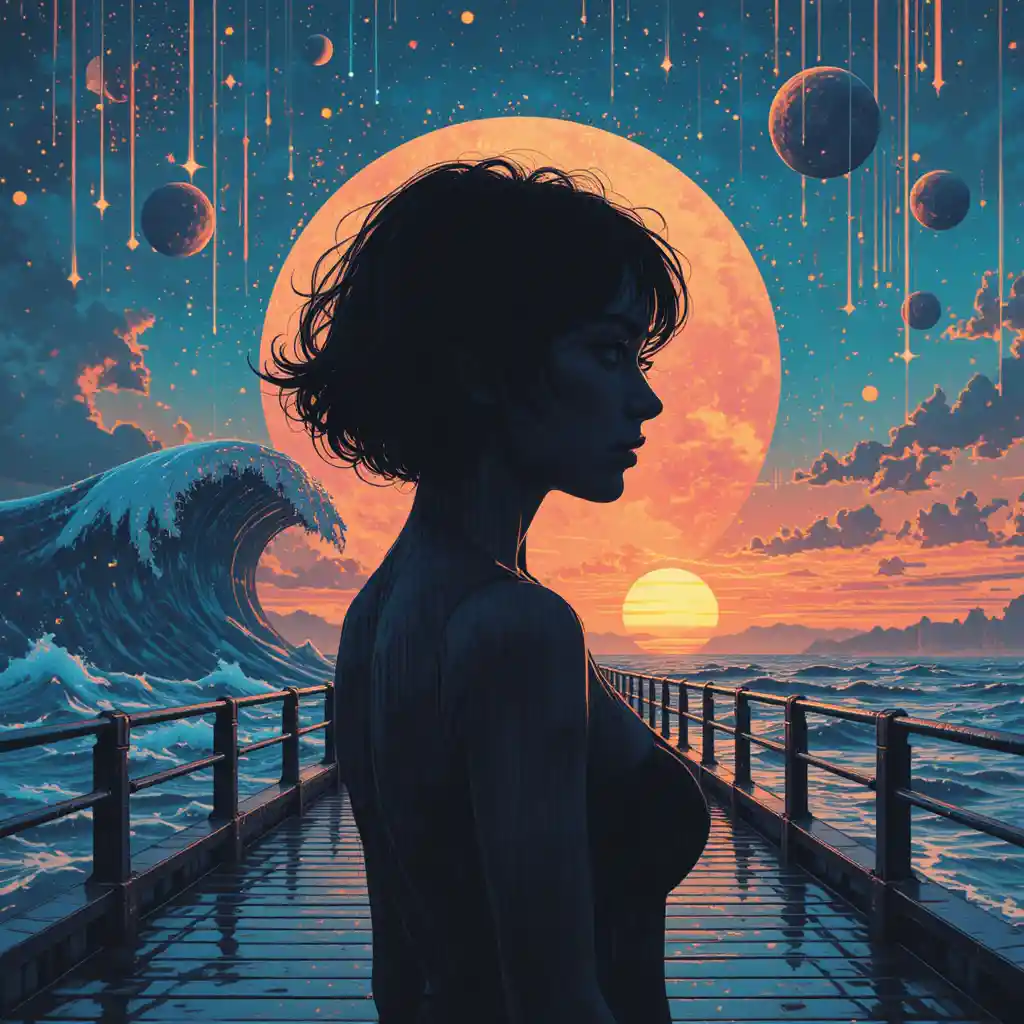 宇宙的な夕焼けの反射する桟橋に立つグリッチ少女のシルエット