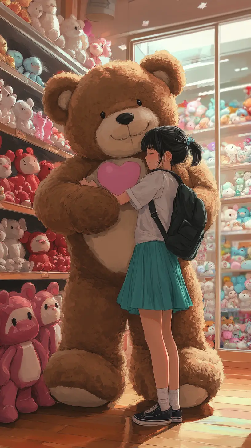 Anime girl hugging giant teddy bear in toy store