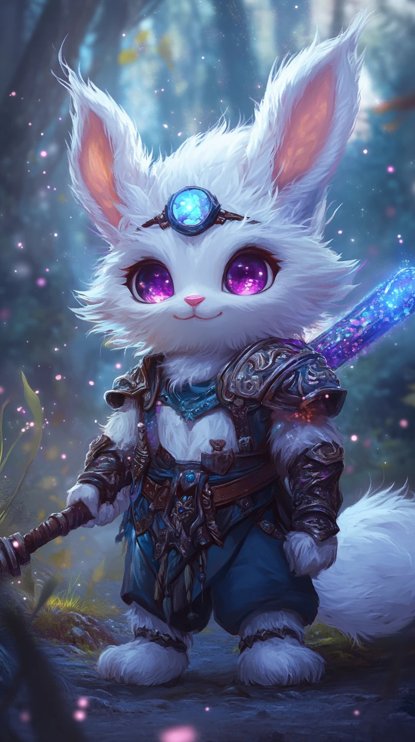 Cute armored fox like warrior in an enchanted forest
