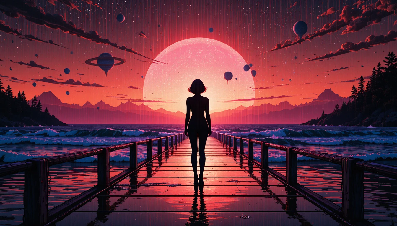 Glitched girl silhouette on reflective pier at sunset