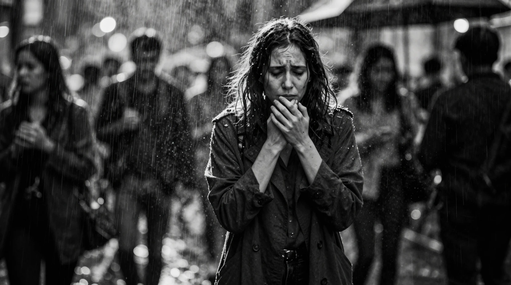 Woman walking through blurred crowd in noir city rain