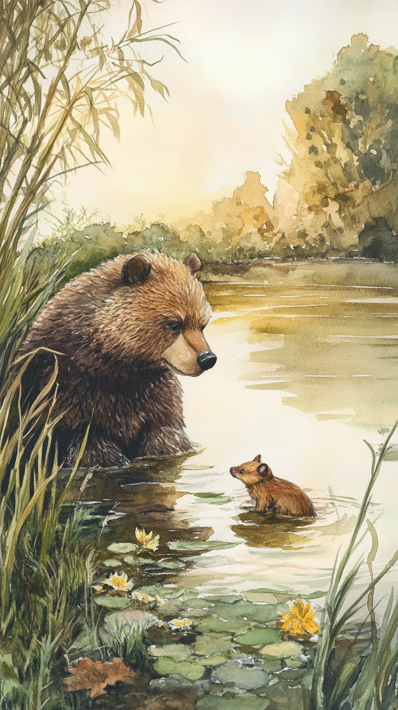 Sad animals by the riverbank in warm watercolor evening light