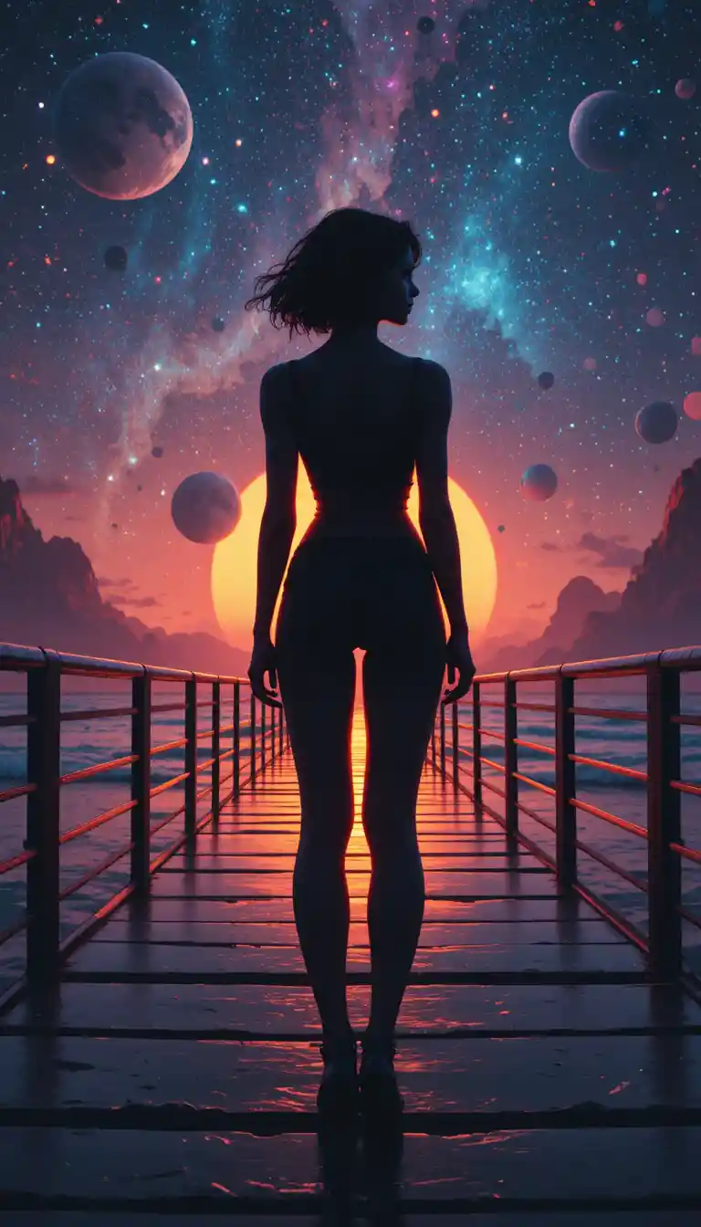 Silhouetted girl on pier against cosmic sunset waves