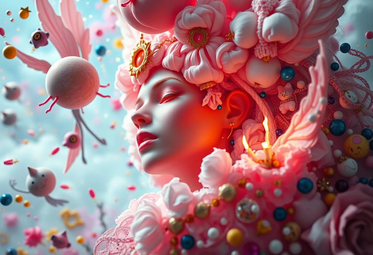 Whimsical angel in a surreal clash of chaos and calm