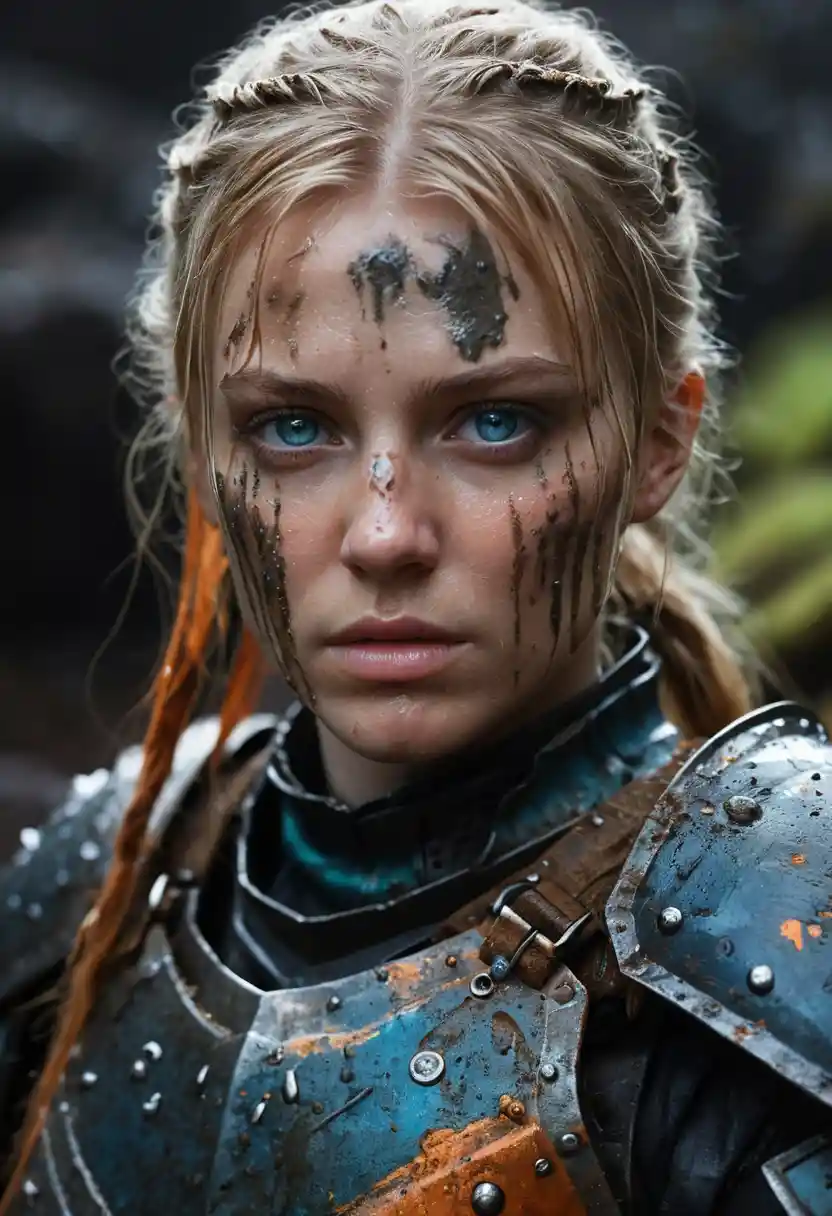 Battle hardened female warrior in gothic armor in cave
