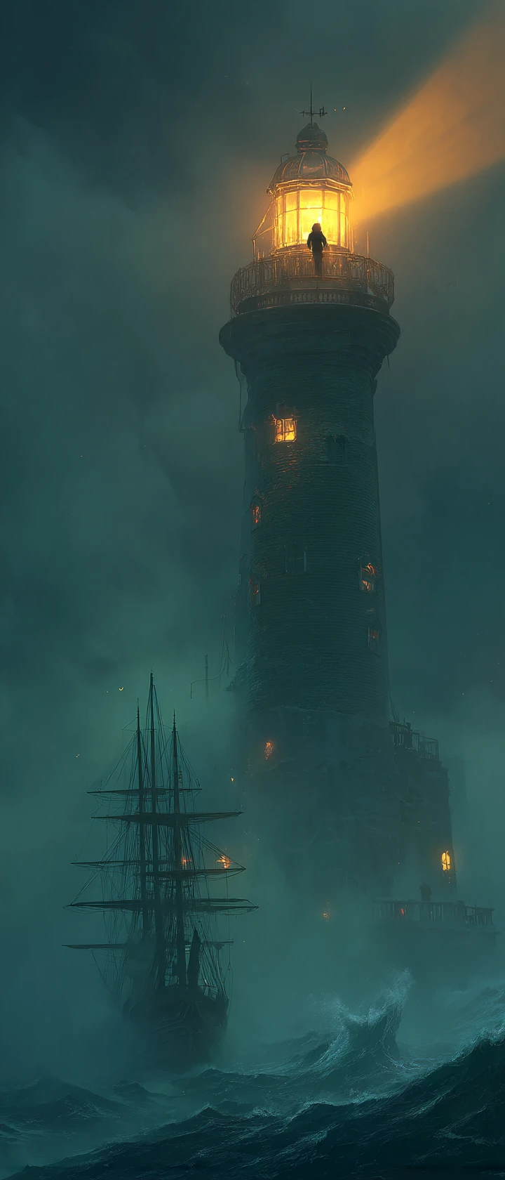Anime lighthouse keeper signaling a ghost ship in dense fog