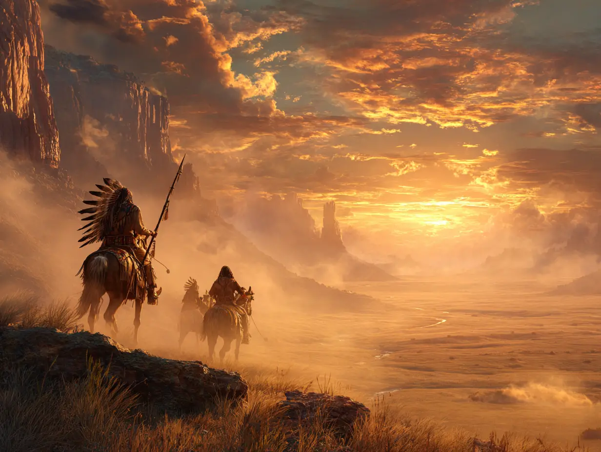 Native American warriors watching riders at golden sunset