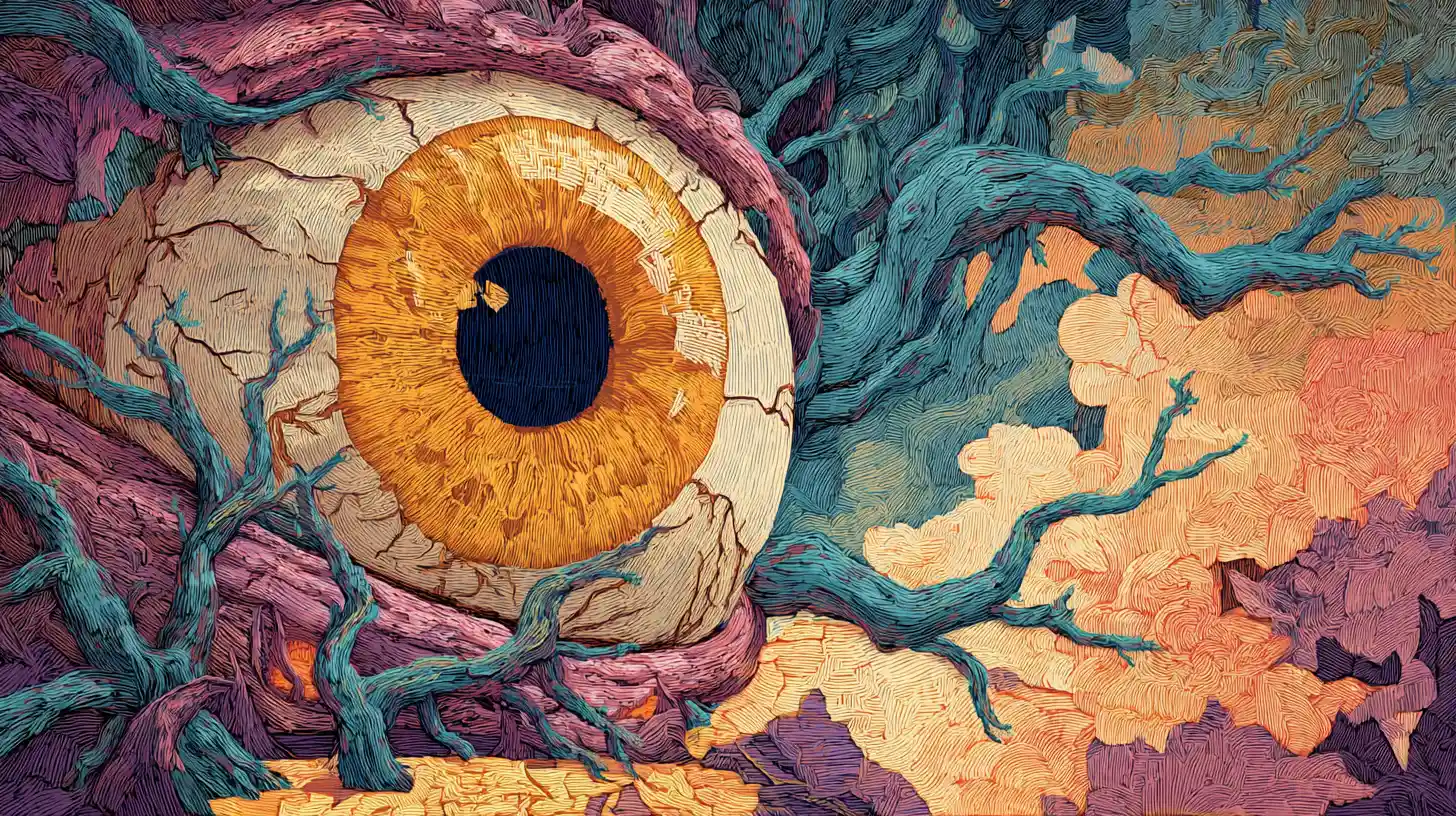 Surreal close up of a terrified eyeball in tangled roots