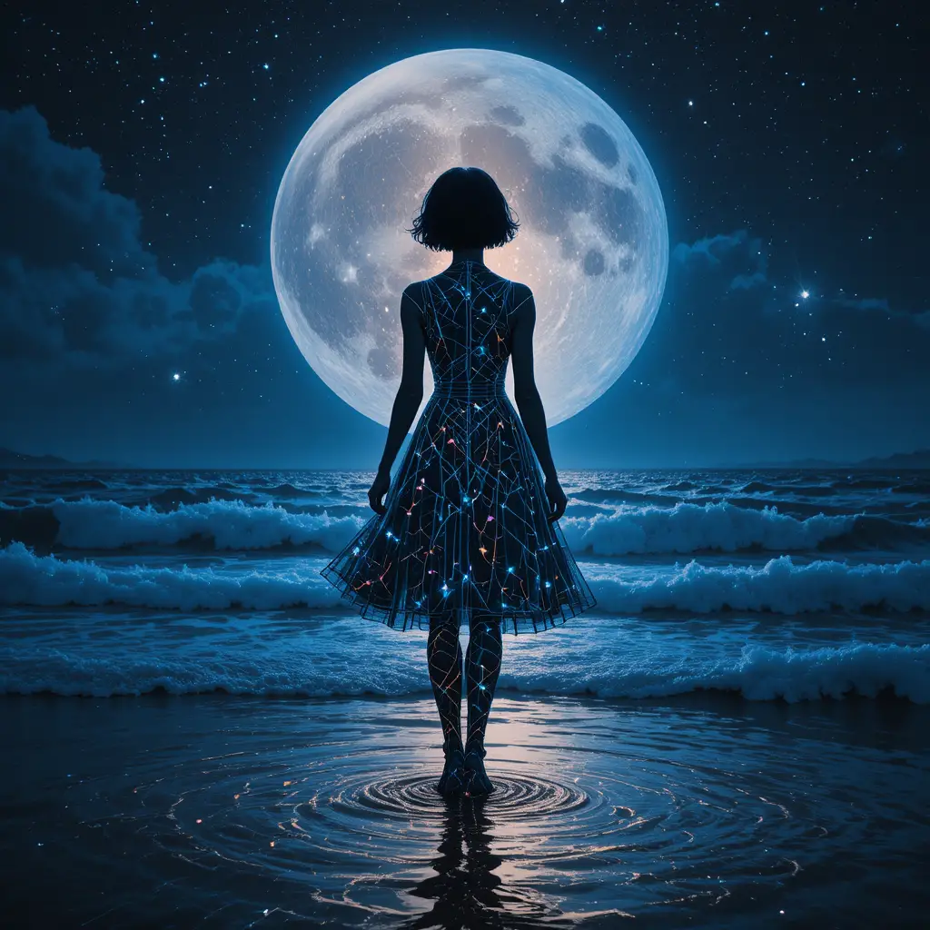 Silhouette surreale di una donna sotto una luna cosmica luminosa