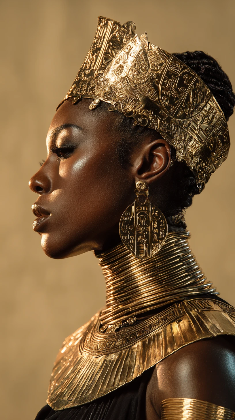Profil royal d’une femme au somptueux headpiece doré
