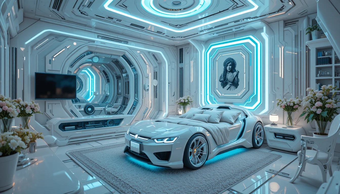 Futuristic neon lit bedroom with car shaped bed