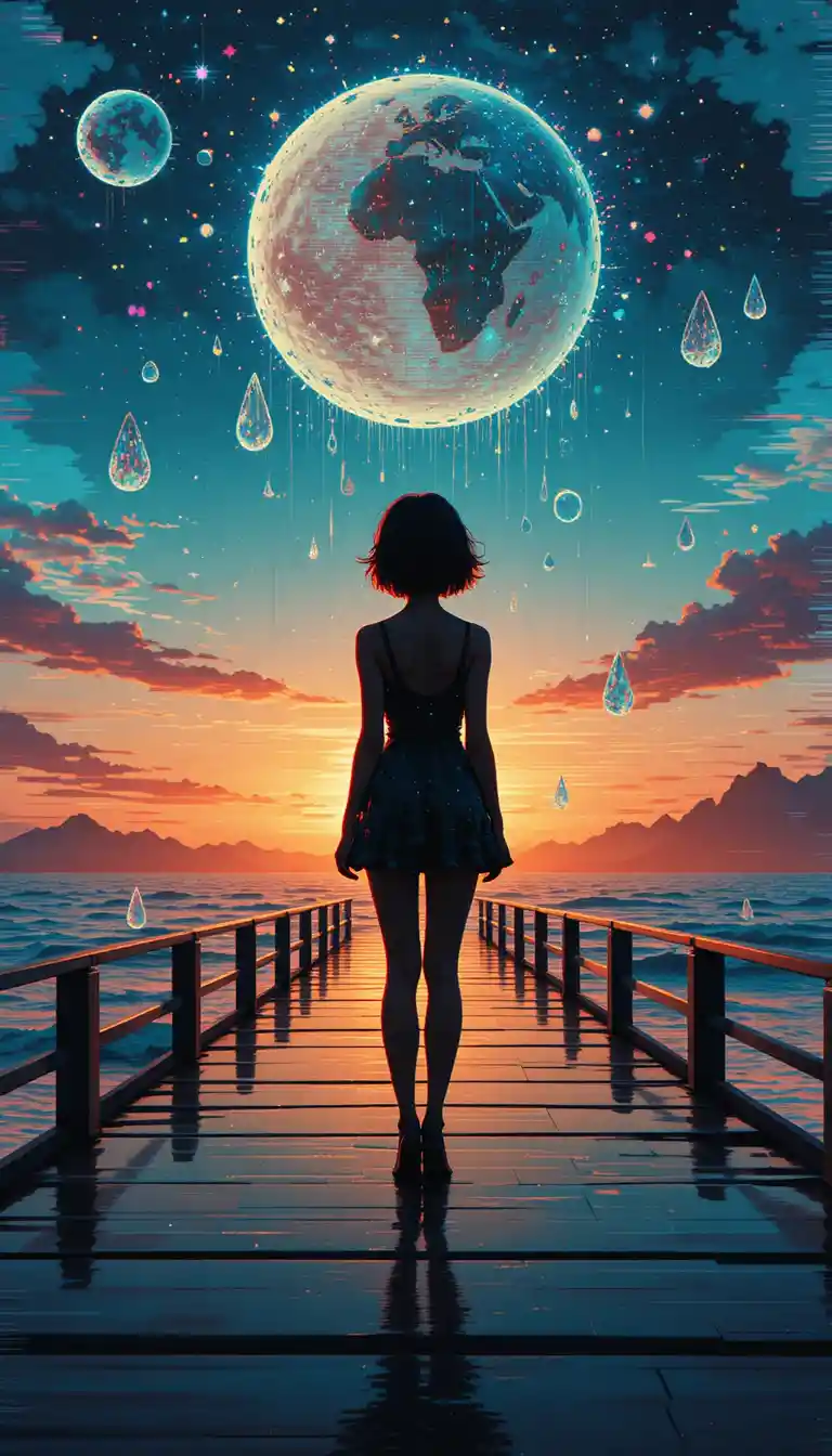 Silhouette glitch di ragazza su molo riflettente al tramonto cosmico